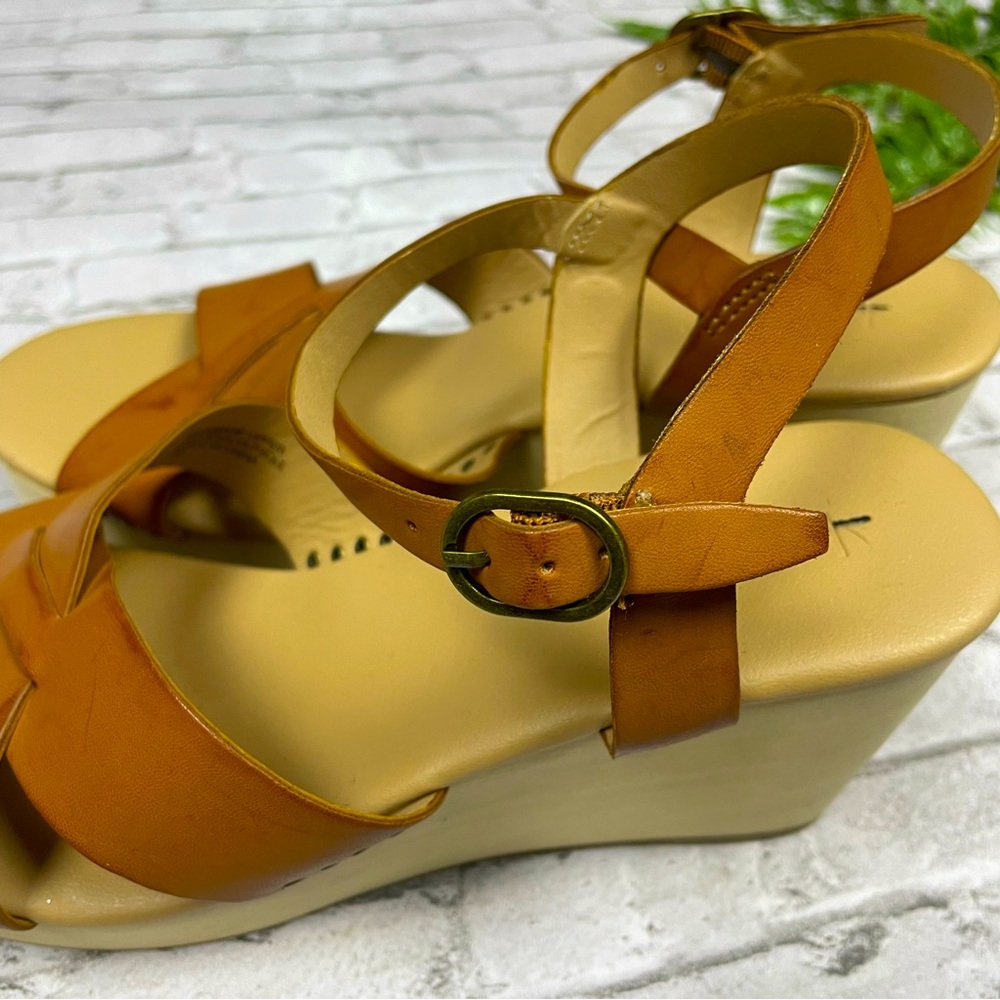 Loft Women’s Cognac Camel Brown Wooden Wedge Sandals Size 7 Bohemian Neutral 90s - Picture 7 of 13